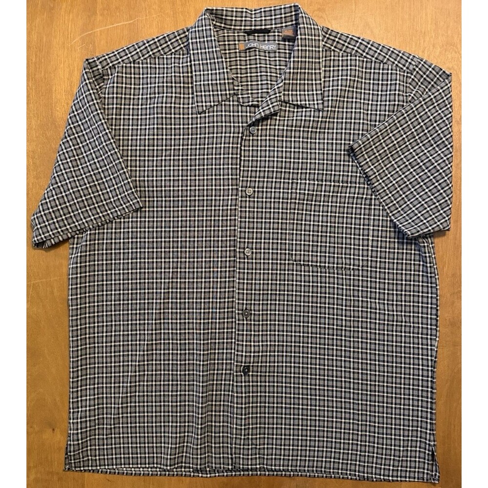 John Henry Button Up Shirt Men's XL Lightweight Textured Plaid Camp Casual